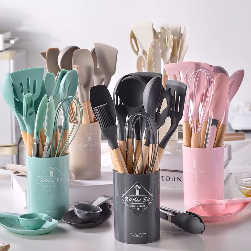 Jogo de Cozinha Kit com 12 Peças de Silicone; Utensílios e Copo Suporte para Cozinha Cabo de Madeira