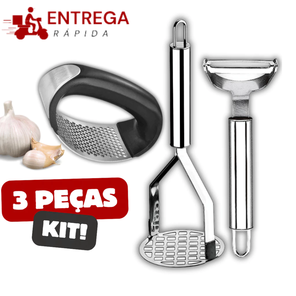 Kit 3 Peças Espremedor de Alho Descascador de Legumes Amassador de Batata Inox Kit 3 Peças Espremedor de Alho Descascador de Legumes Amassador de Batata Inox