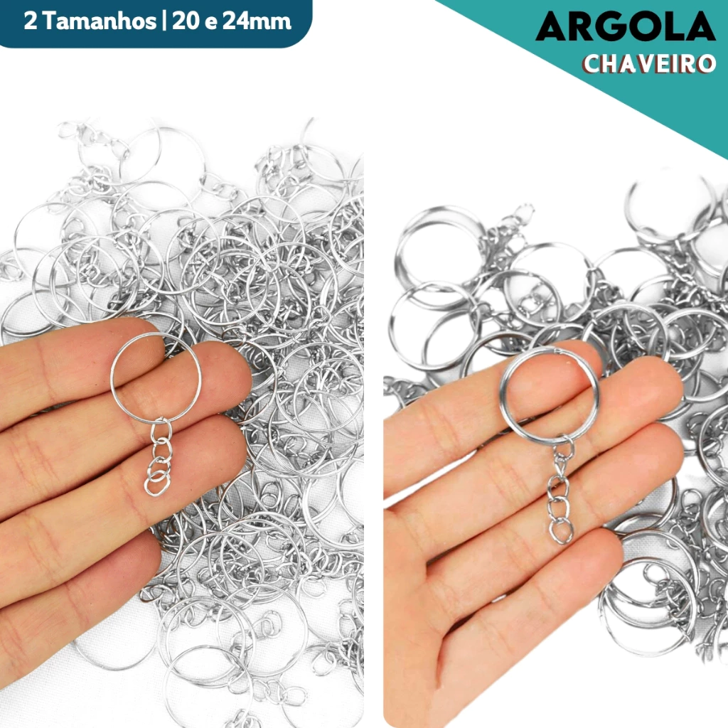 Argola Para Chaveiro Com Corrente - Tamanhos: 20mm / 24mm - Pacote Com 50 / 100 Unidades - BNVT