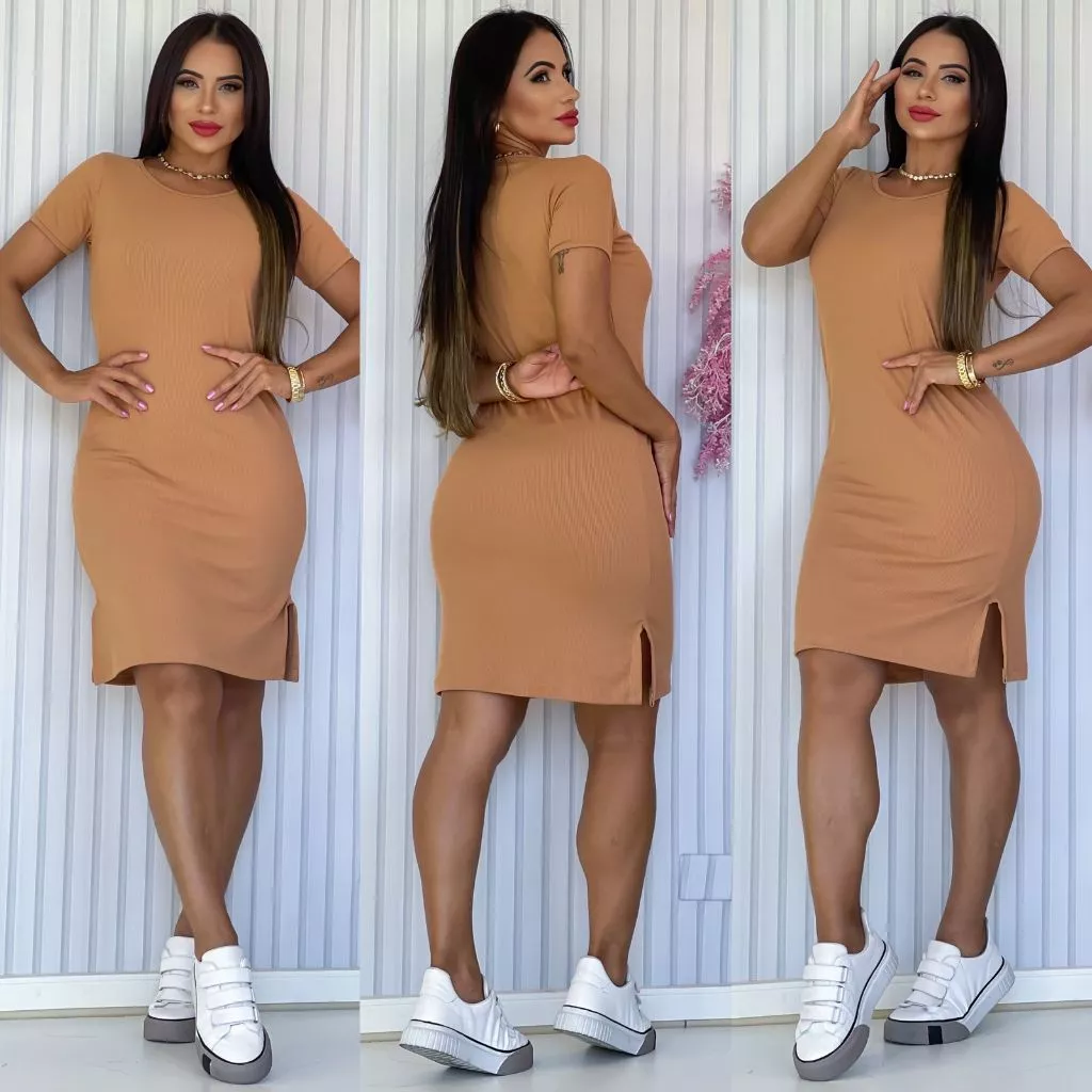 Vestido Feminino Tubinho Curto / Midi Canelado Com Fenda Lateral