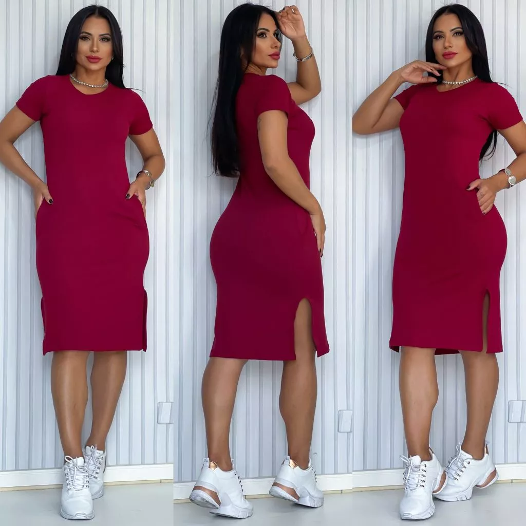 Vestido Feminino Midi Malha Canelada Com Bolso e Fenda Lateral
