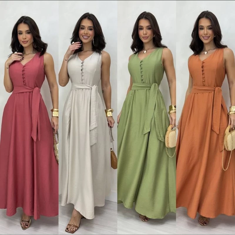 Vestido Longo Feminino Elegante com Botões Perola Funcionais e Faixa na Cintura | Vestido Casual Social | Moda Feminina
