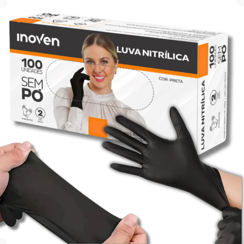 Luva Nitrílica Preta Sem Pó Inoven - 100 x TAM M